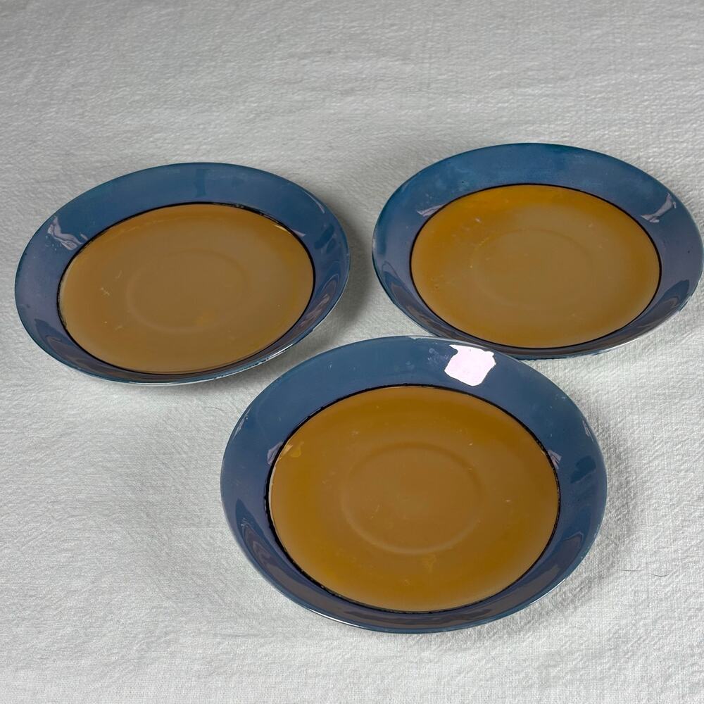 Vintage 1930s Japanese Lusterware Saucers Set of 3 Blue Orange Hand Painted